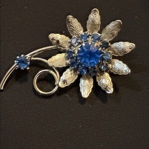 Vintage America Silver and Blue Floral Brooch